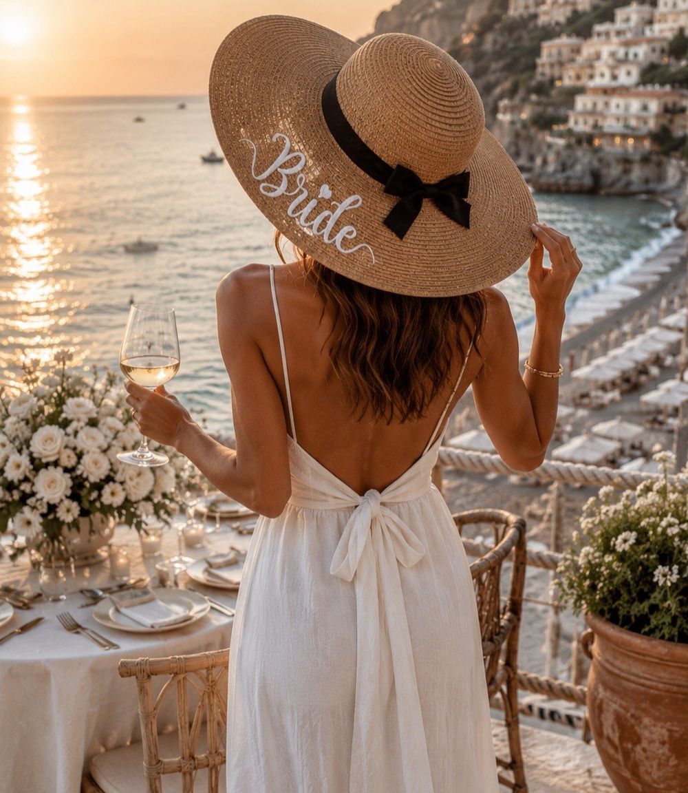 Bride Wide Brim Straw Sun Hat Embroidered Bridal Beach Wedding Bow One Size